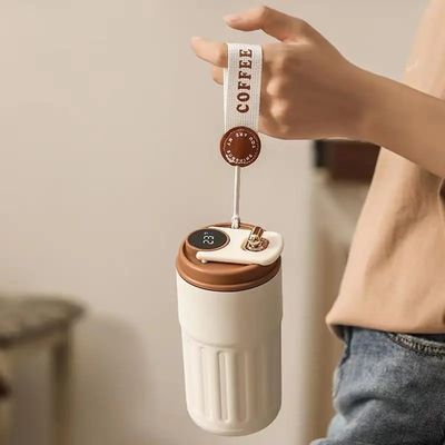 Taça de viagem de 450 ml com visor de temperatura inteligente com material de aço inoxidável e cordel