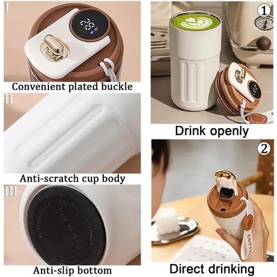 Taça de viagem de 450 ml com visor de temperatura inteligente com material de aço inoxidável e cordel