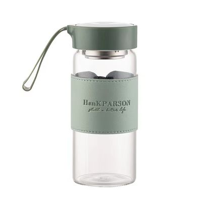 480 ml de garrafa de água de vidro de borosilicato personalizada com manga de couro e infusor de chá