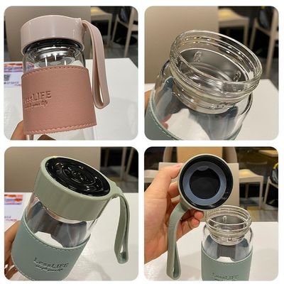 480 ml de garrafa de água de vidro de borosilicato personalizada com manga de couro e infusor de chá