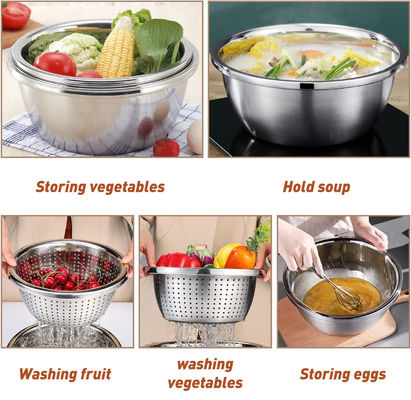 Logotipo personalizado Filé de cozinha versátil 304 aço inoxidável Microporous Colander Rice Washing Bowl Set 550g