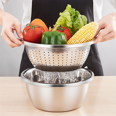 Logotipo personalizado Filé de cozinha versátil 304 aço inoxidável Microporous Colander Rice Washing Bowl Set 550g