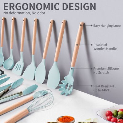 Manilha de madeira de 19 peças de utensílios de cozinha de silicone com balde de armazenamento de tabuleiro de corte