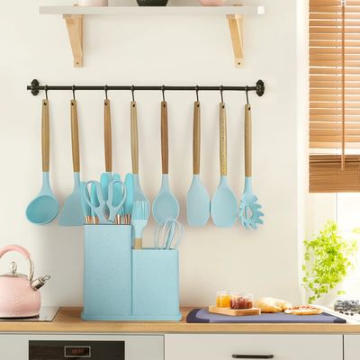 Manilha de madeira de 19 peças de utensílios de cozinha de silicone com balde de armazenamento de tabuleiro de corte