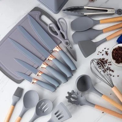 Manilha de madeira de 19 peças de utensílios de cozinha de silicone com balde de armazenamento de tabuleiro de corte