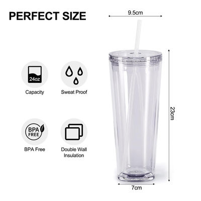 Copo Reutilizável 24oz de plástico com parede dupla com tampa e palha