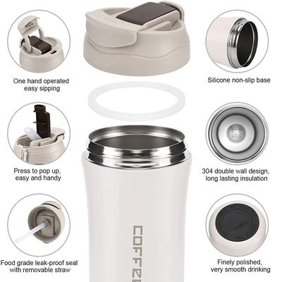 Copo de café de viagem isolado a vácuo de aço inoxidável 14 oz/400 ml com tampa e palha