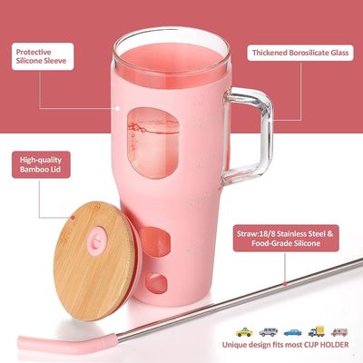 Logotipo personalizado Tumbler de vidro reutilizável 32oz com cabo de tampa de bambu e manga de silicone