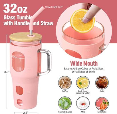 Logotipo personalizado Tumbler de vidro reutilizável 32oz com cabo de tampa de bambu e manga de silicone