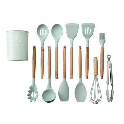 Logotipo personalizado de exterior Espatulas de alça de madeira utensílios de cozinha de silicone Espatulas com balde de armazenamento