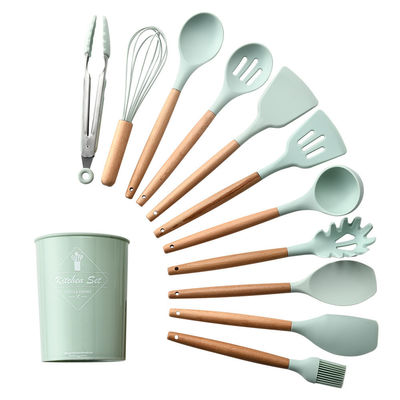 Logotipo personalizado de exterior Espatulas de alça de madeira utensílios de cozinha de silicone Espatulas com balde de armazenamento