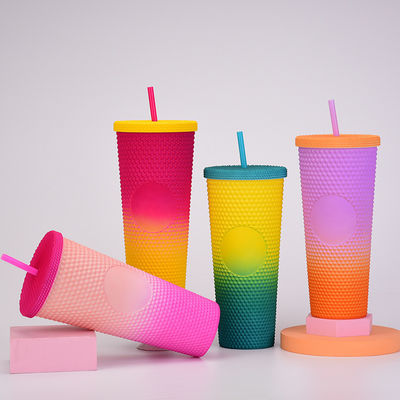 16oz 24oz caneca de café de parede dupla plástico iridescente copos foscos com palha