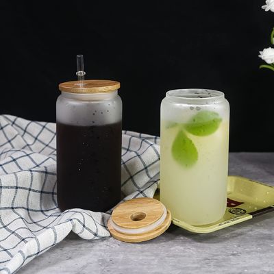 12oz/16oz/25oz Taça de Leite de Vidro Sublimação de cerveja em forma de lata com tampa de bambu e palha