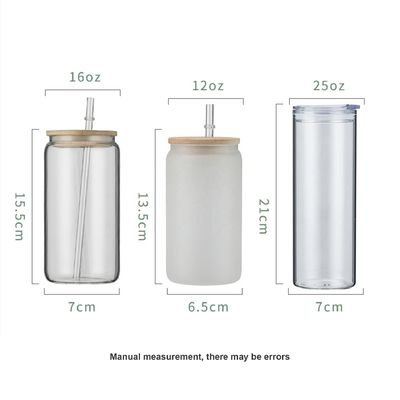 12oz/16oz/25oz Taça de Leite de Vidro Sublimação de cerveja em forma de lata com tampa de bambu e palha