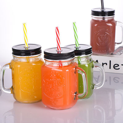 Taças de vidro personalizadas 500ml Mason Clear Glass Cup Cola de sumo de água com palha e tampa