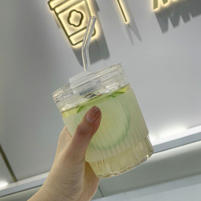 Copo de leite de café transparente, transparente, de 350 ml, de suco de vidro, com estribo e manga de silicone