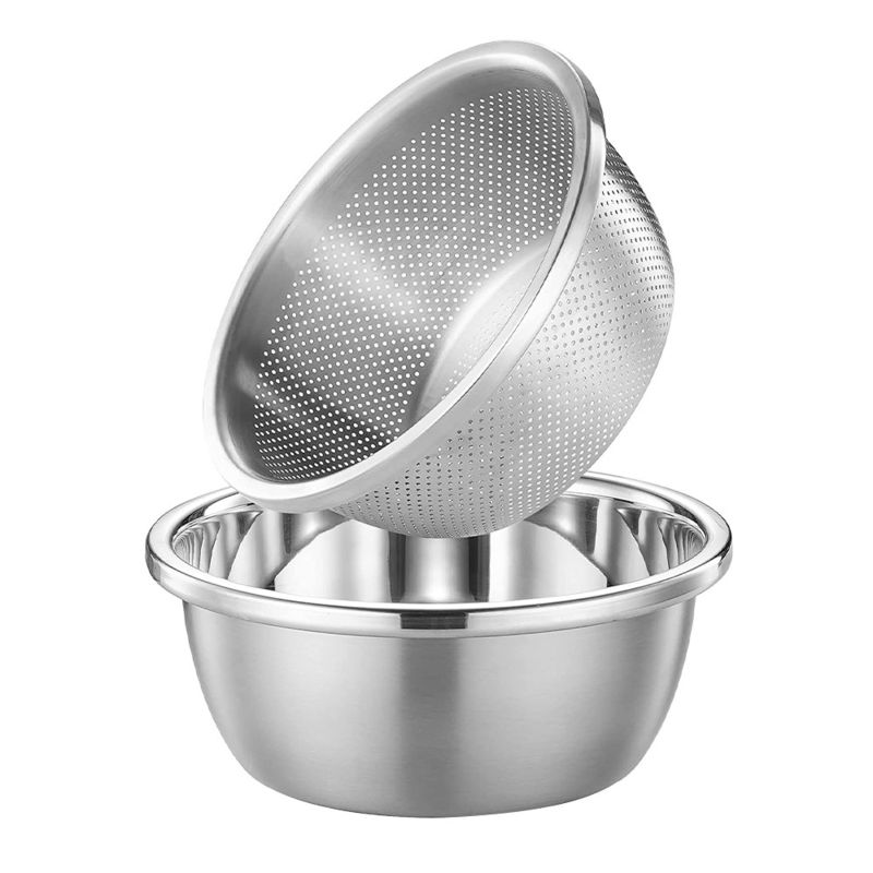 Logotipo personalizado Filé de cozinha versátil 304 aço inoxidável Microporous Colander Rice Washing Bowl Set 550g