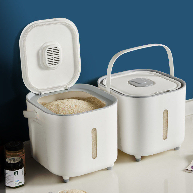 Logotipo personalizável Recipiente de armazenamento de arroz de plástico PP de qualidade alimentar com colher 5-10 kg de carga