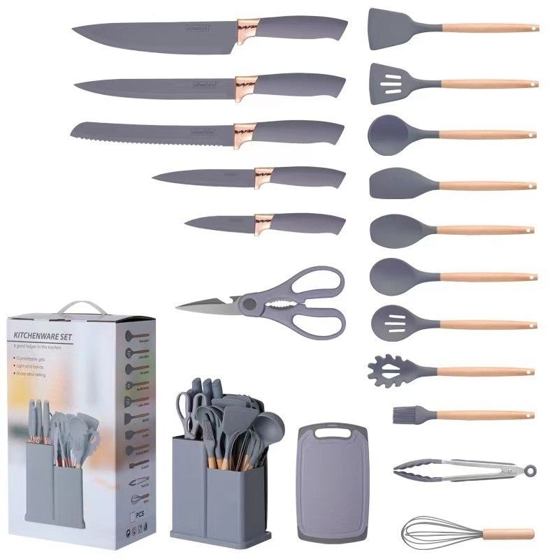 Manilha de madeira de 19 peças de utensílios de cozinha de silicone com balde de armazenamento de tabuleiro de corte