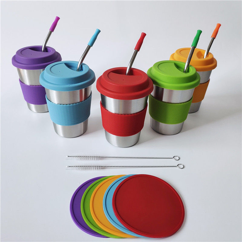 1 peça 12 oz bebês canecas de leite de aço inoxidável com tampas e canudos de silicone coloridos