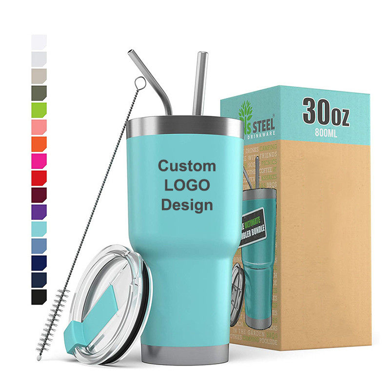 10*19.5CM Logotipo personalizado de aço inoxidável de parede dupla caneca de viagem de café com palha e tampa