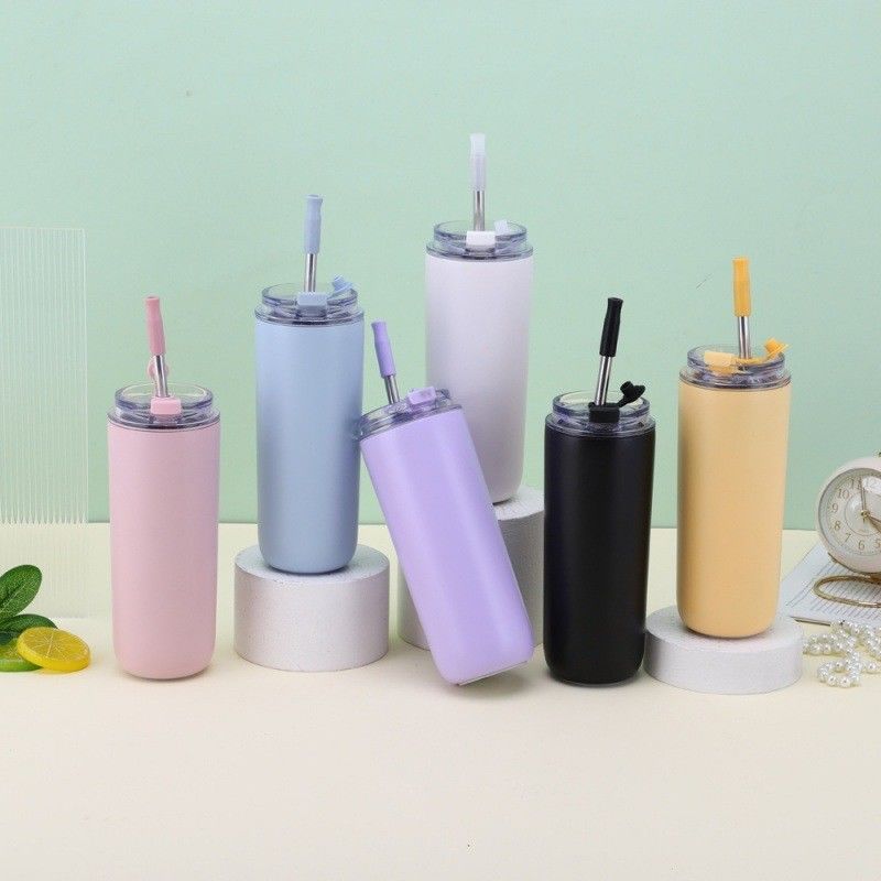 7.6*19.7CM Porta-copos de café de aço inoxidável porta-copos com palha e tampa livre de BPA