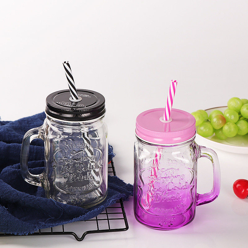 Taças de vidro personalizadas 500ml Mason Clear Glass Cup Cola de sumo de água com palha e tampa